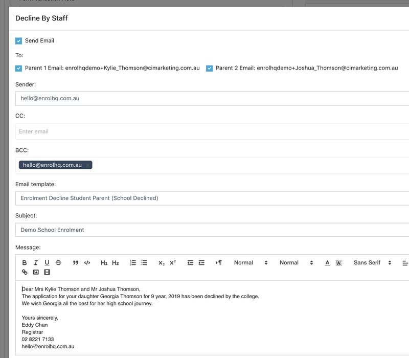Decline Enrolment Email Modal